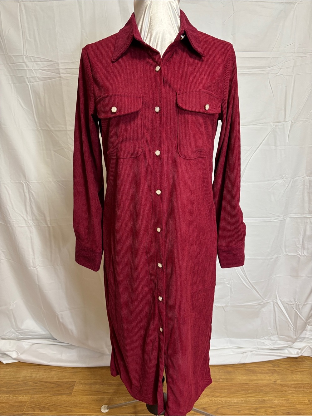 Vintage-Inspired Long Corduroy Button-Up Dress in Wine